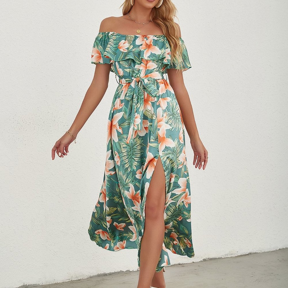 New Floral Print Split Hem Dress Green